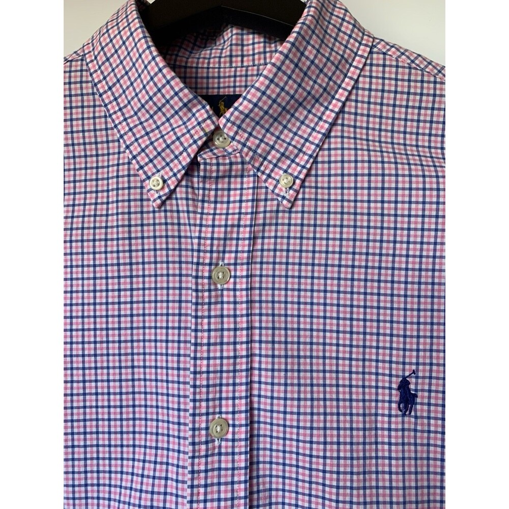 RALPH LAUREN POLO Pink/Blue Checks Embroidered 100% Cotton Button Down Shirt L